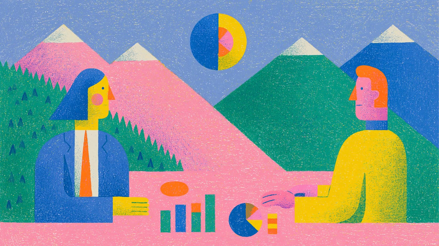 Ilustración: dos figuras sentadas una frente a otra sobre una mesa con gráficos de barras y de torta, con montañas al fondo.