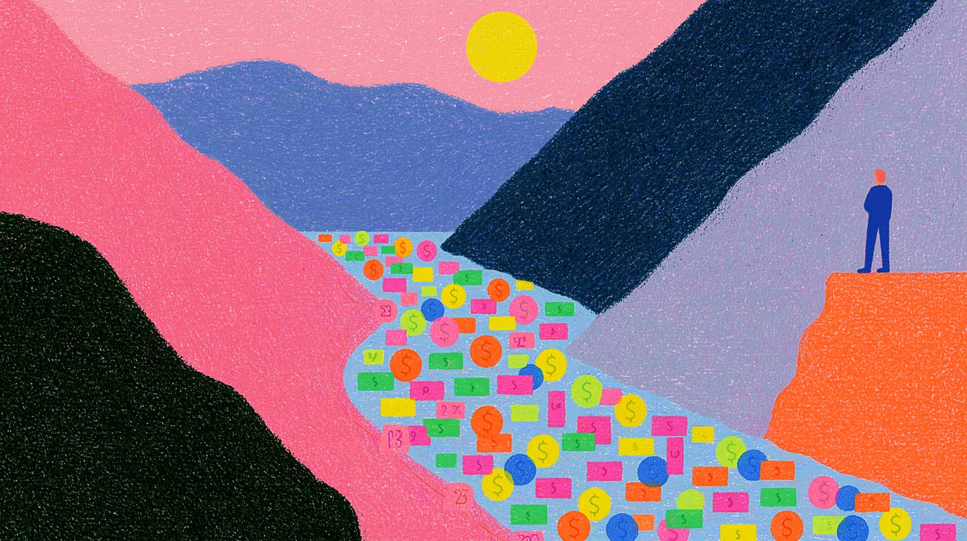 Ilustración: un río de billetes y monedas recorre un valle entre montañas, y una figura observa el recorrido desde un mirador.